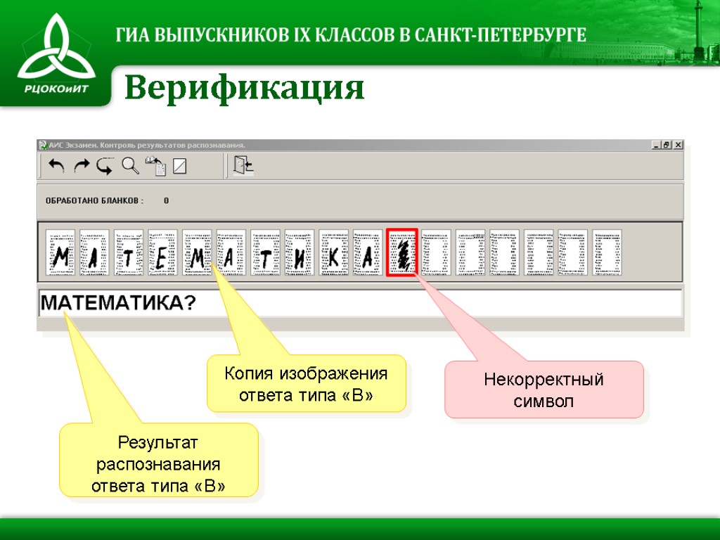 Копия изображения ответа типа «В» Результат распознавания ответа типа «В» Некорректный символ Верификация